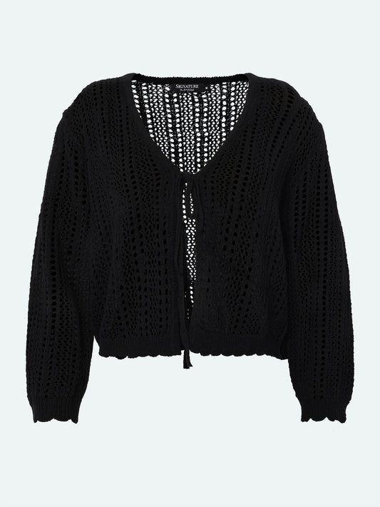 218827 Tie Front Crochet Cardigan Black