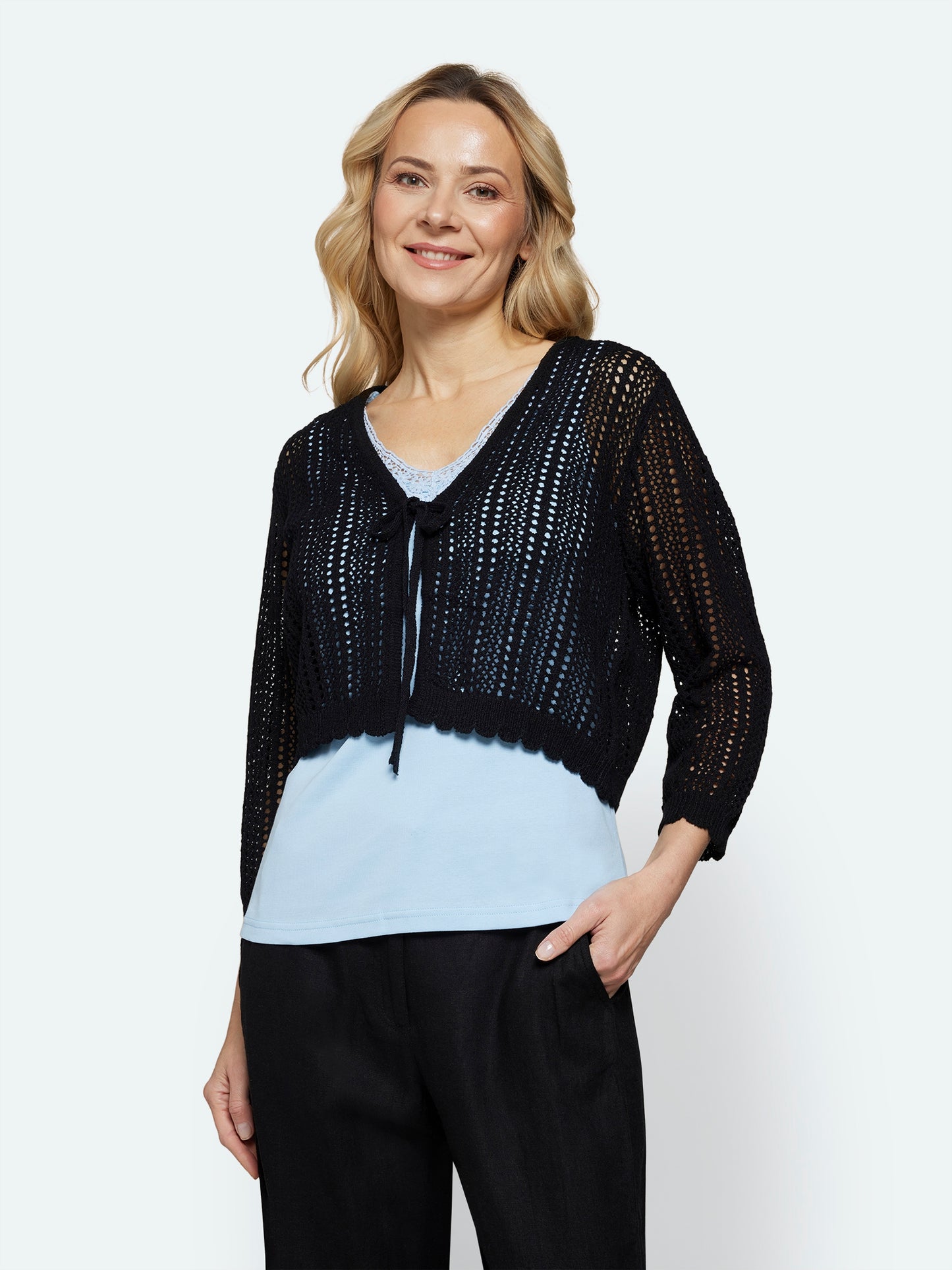 218827 Tie Front Crochet Cardigan Black