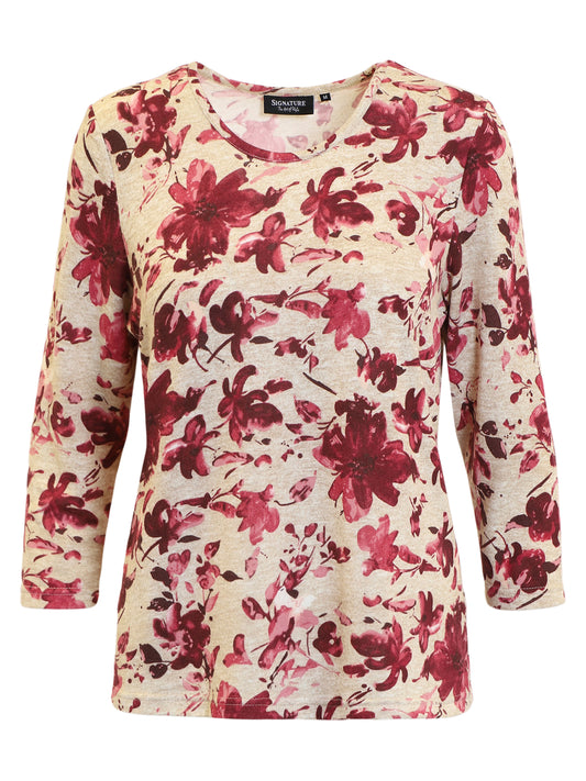 219138 Warm Feel Flower Print 3/4 Slve Beige/Pink