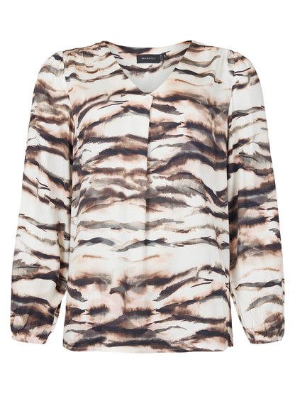 219294 Silky Print V-Neck Blouse Cream/Brown