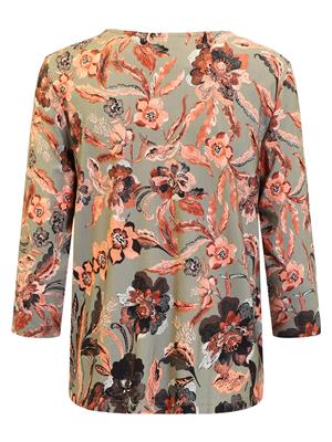 219429 Print O-Neck 3/4 Slve Pleat Neck Taupe/Salmon