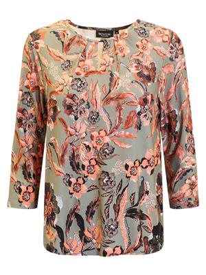 219429 Print O-Neck 3/4 Slve Pleat Neck Taupe/Salmon