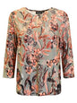 219429 Print O-Neck 3/4 Slve Pleat Neck Taupe/Salmon
