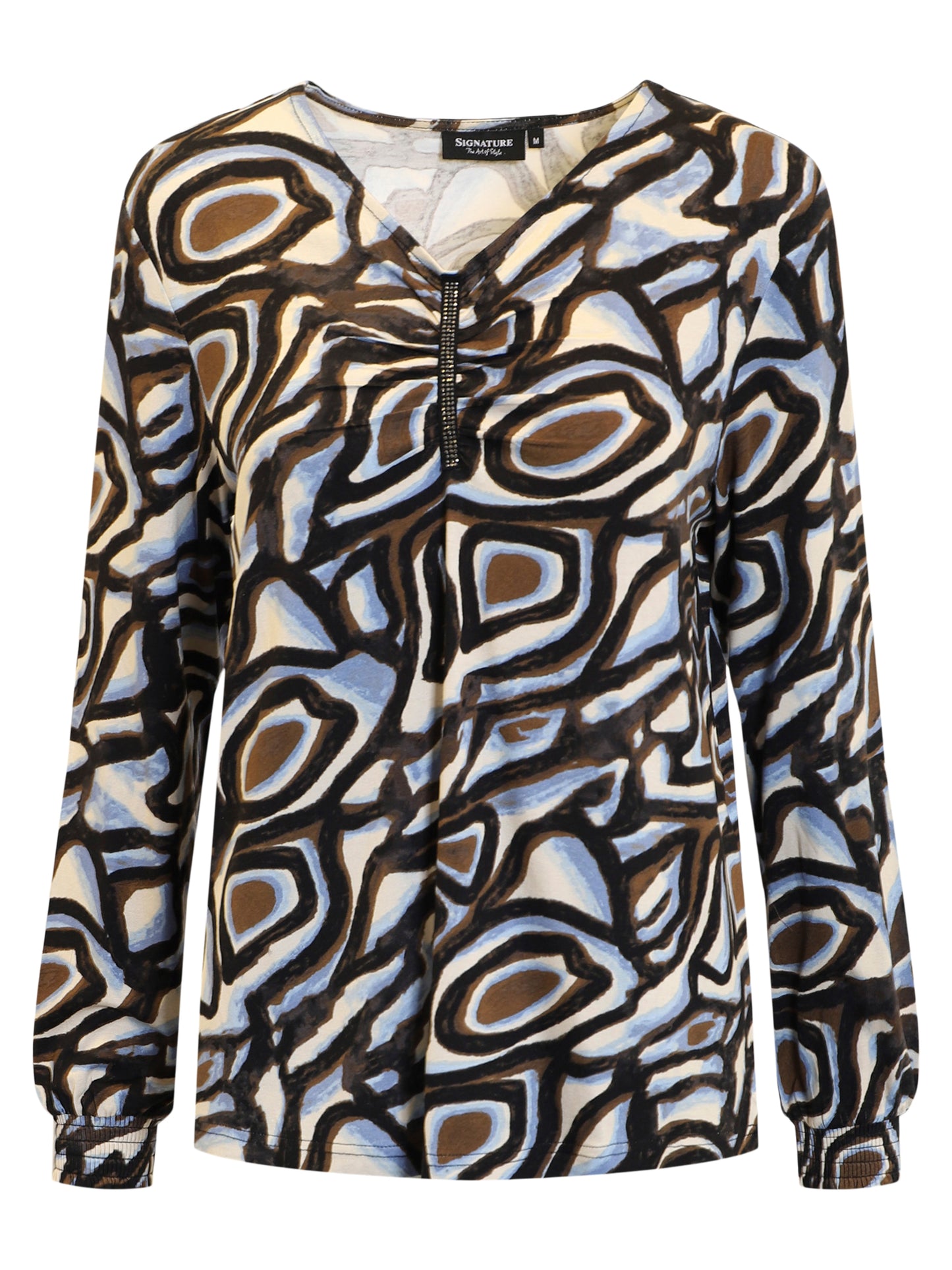 219578 V-Neck Bling L/S Print Top Blue