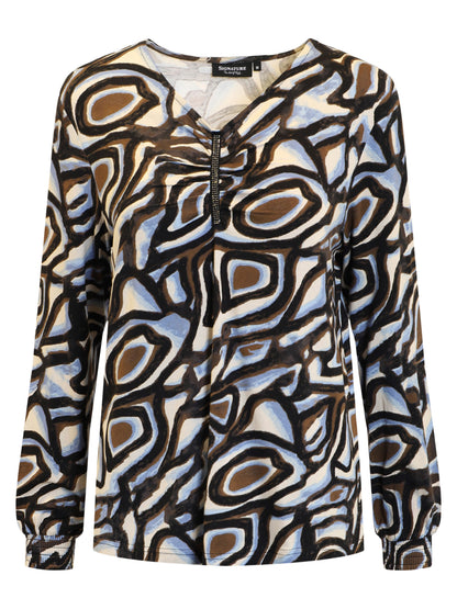 219578 V-Neck Bling L/S Print Top Blue