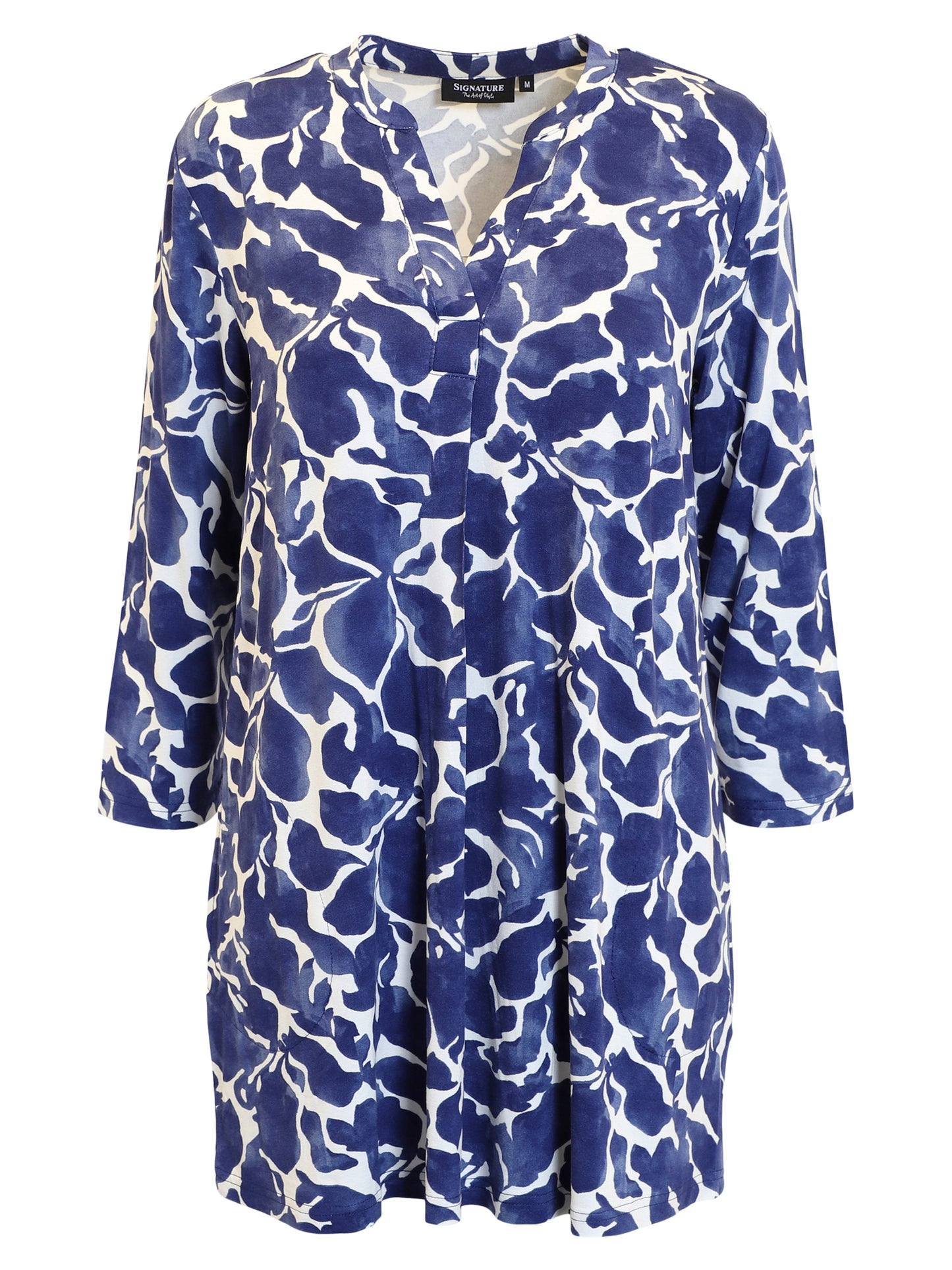 220279 Print 3/4 Slve Slit Neck Tunic To Blue/White