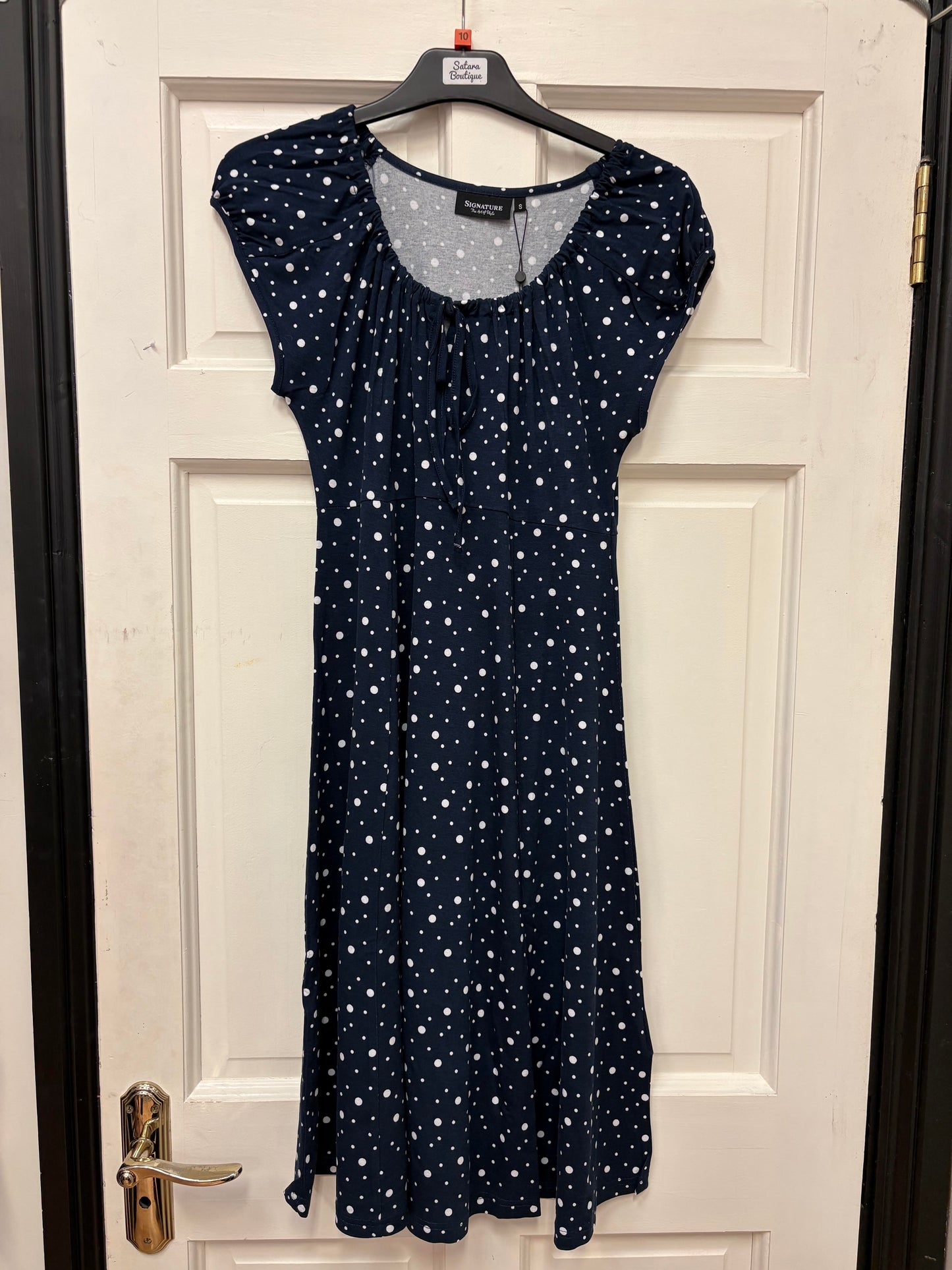 220282 Polka Dot Draw Neck Cap Slve Dress Navy/White