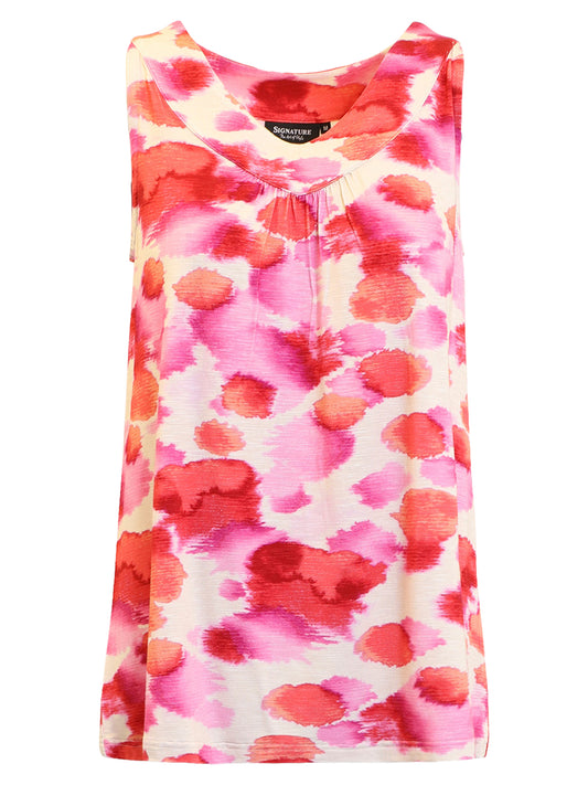 220346 S/L PRINTED TOP V-NECK PLEATED FRONT Fuchia