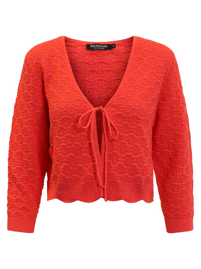 220609 Cotton Loose Knit Short Tie Front Cardigan Coral