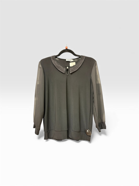 2397-A O-Neck Sparkle Neck Det Chiff Slv Black