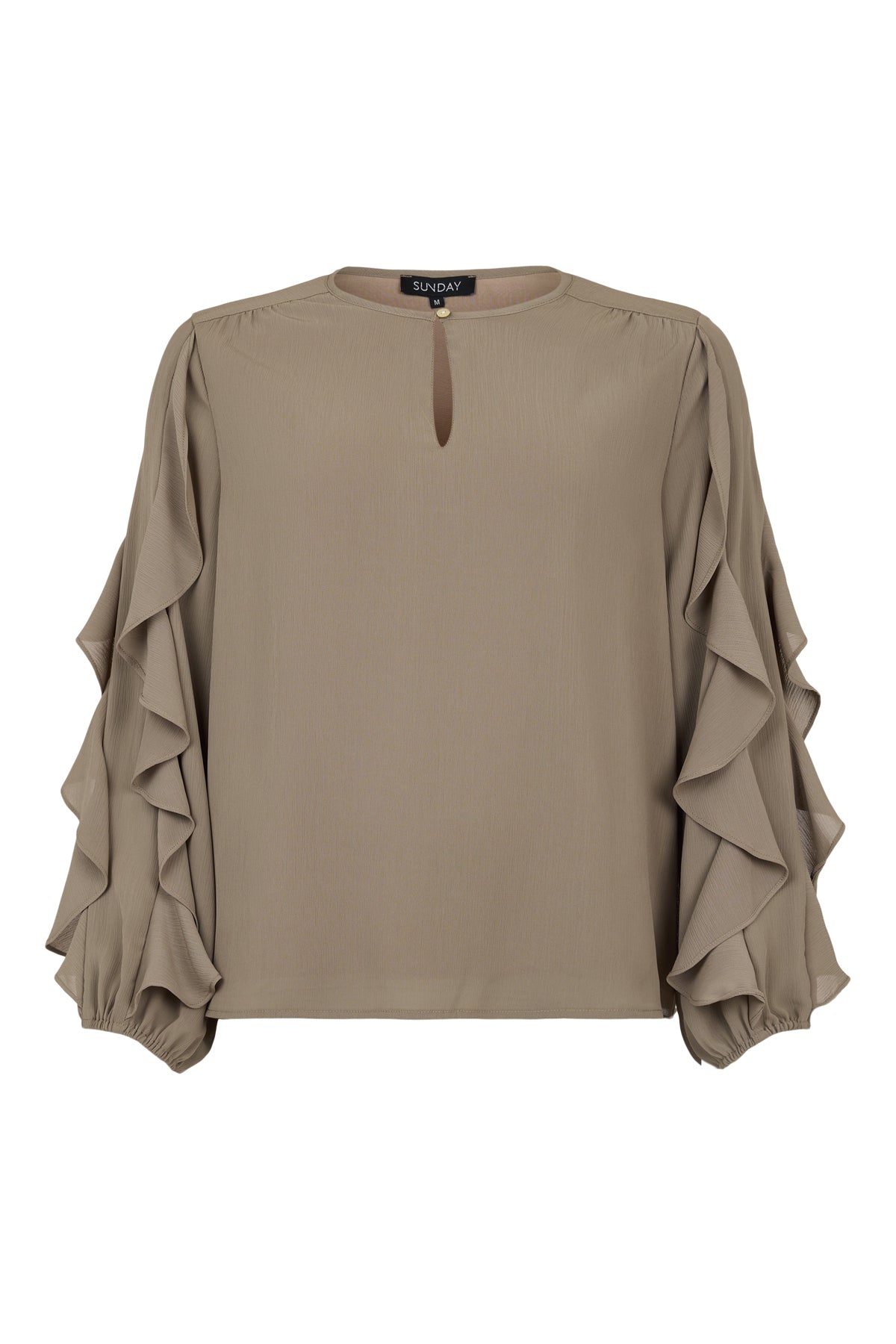 6549/6675 FRILL SLEEVE BUTTON O-NECK CREPE TOP Plum