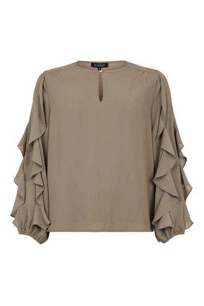 6549/6675 FRILL SLEEVE BUTTON O-NECK CREPE TOP Plum