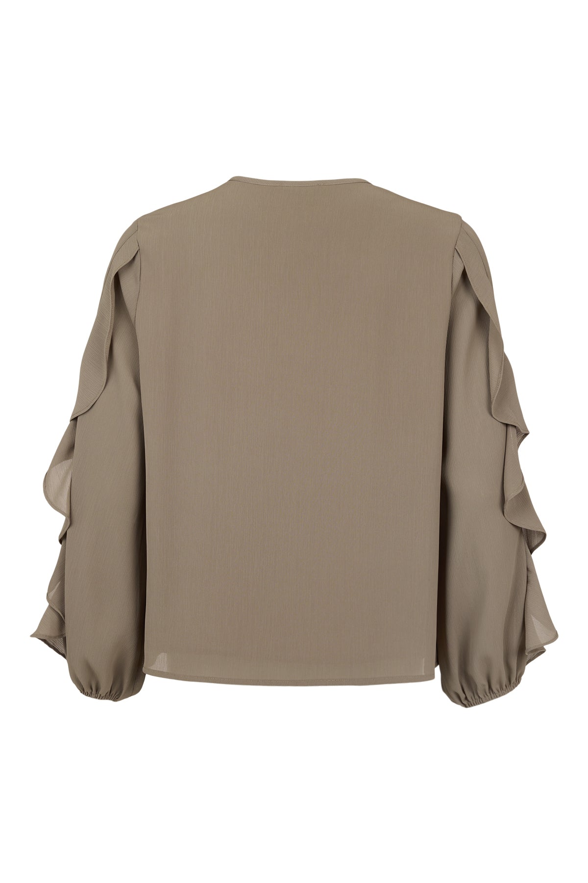 6549/6675 FRILL SLEEVE BUTTON O-NECK CREPE TOP Plum