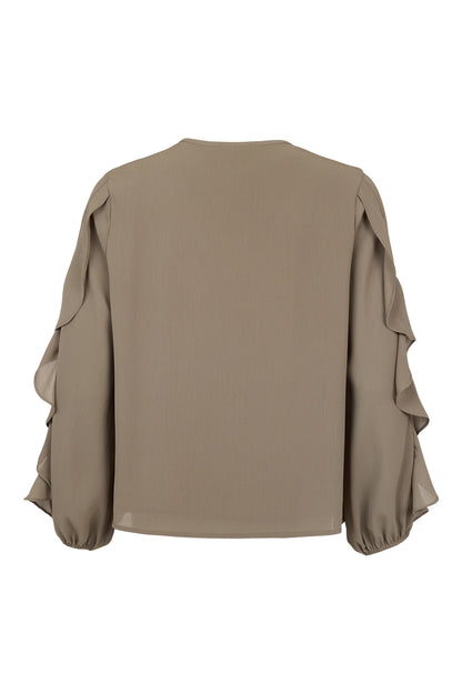 6549/6675 FRILL SLEEVE BUTTON O-NECK CREPE TOP Plum