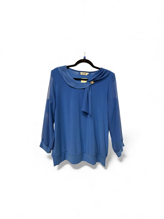 2807 Sheer Sleeve Round Neck Crystal Top Blue