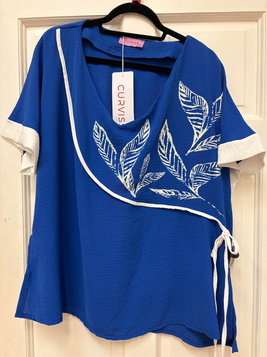 31288 Mock Wrap Tie Side Motif Shoulder Cobalt/White