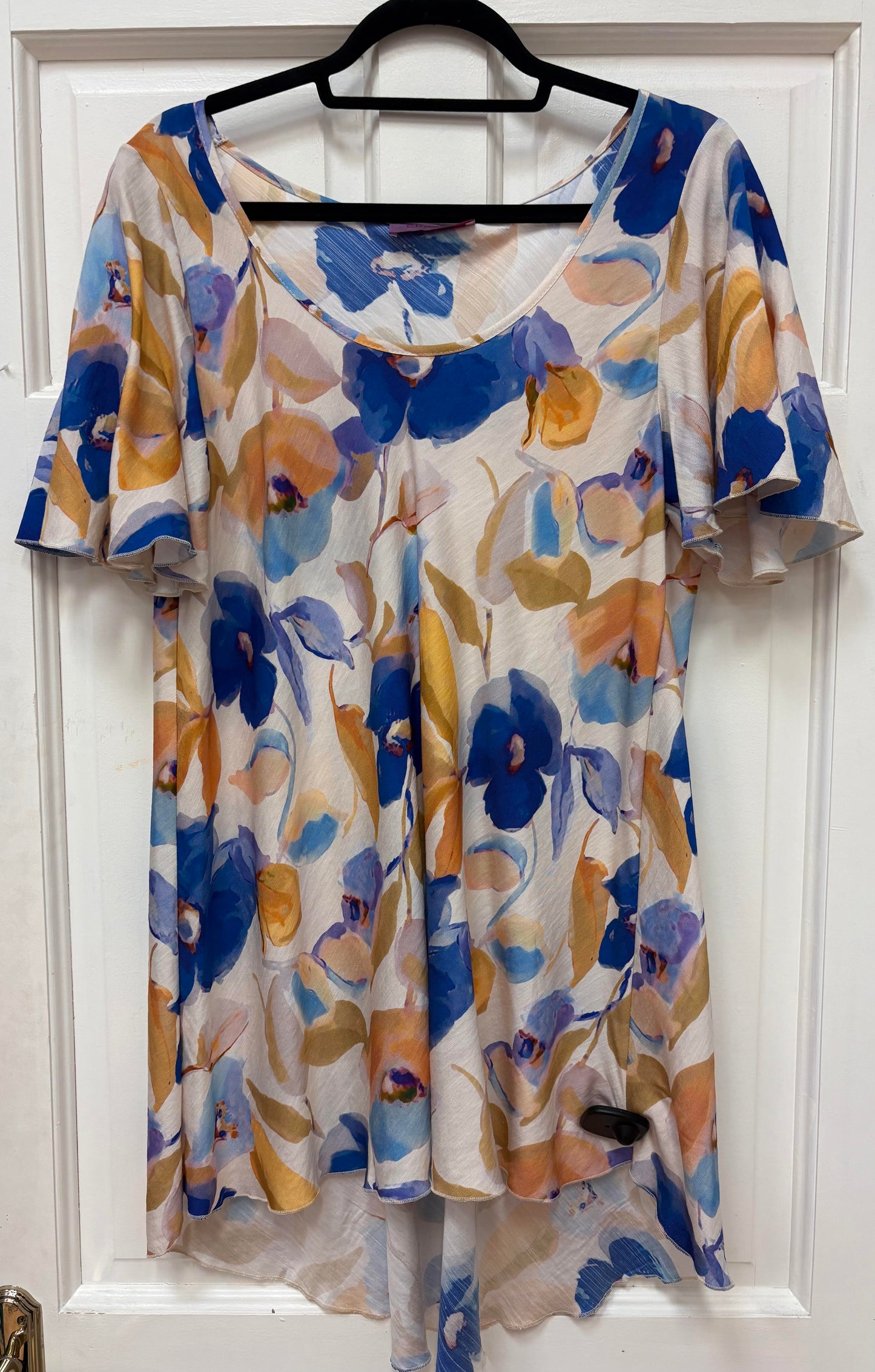 31296 Flutter Slve Hanky Hem Print Top Blue/Yellow
