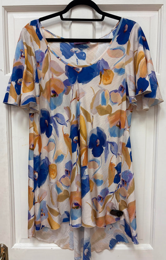 31296 Flutter Slve Hanky Hem Print Top Blue/Yellow