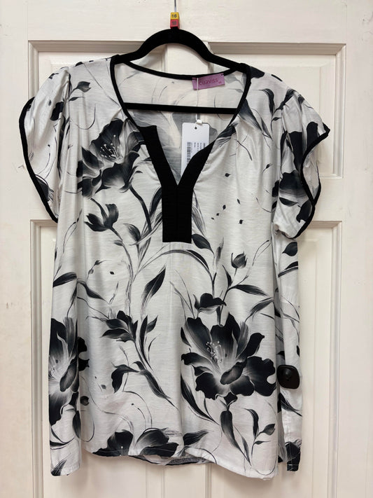 31300 S/S V-Neck Print Linen Feel Top White/Black