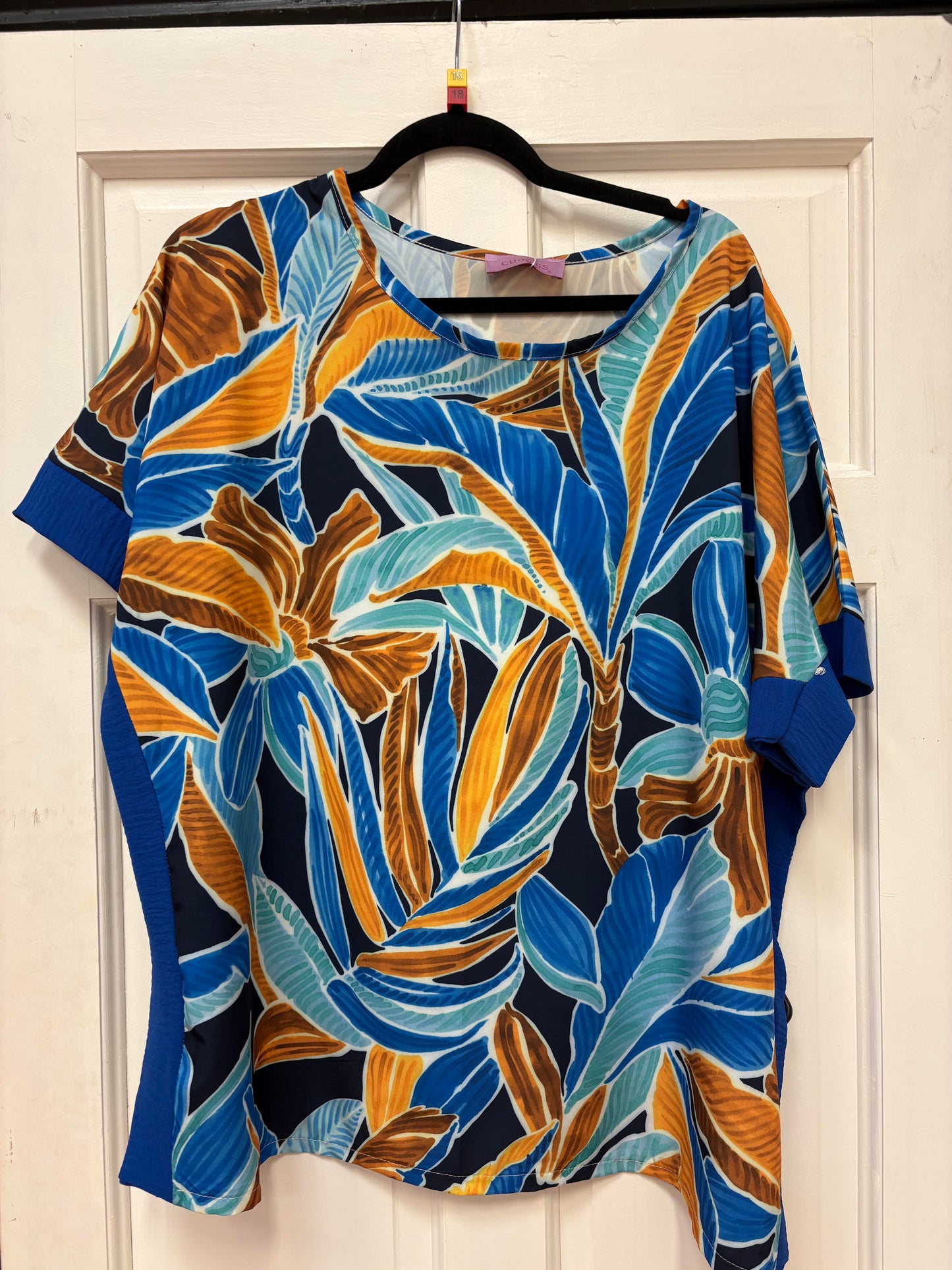 31330 Print Satin Feel Stretch S/S Top Cobalt Blue
