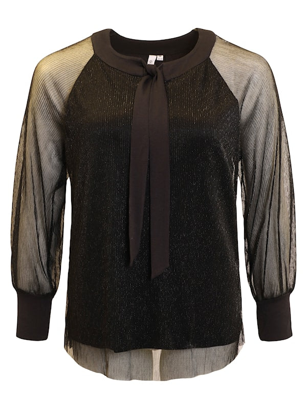 330-40064 SHIMMER TOP SHEER SLEEVE PUSSY BOW Black