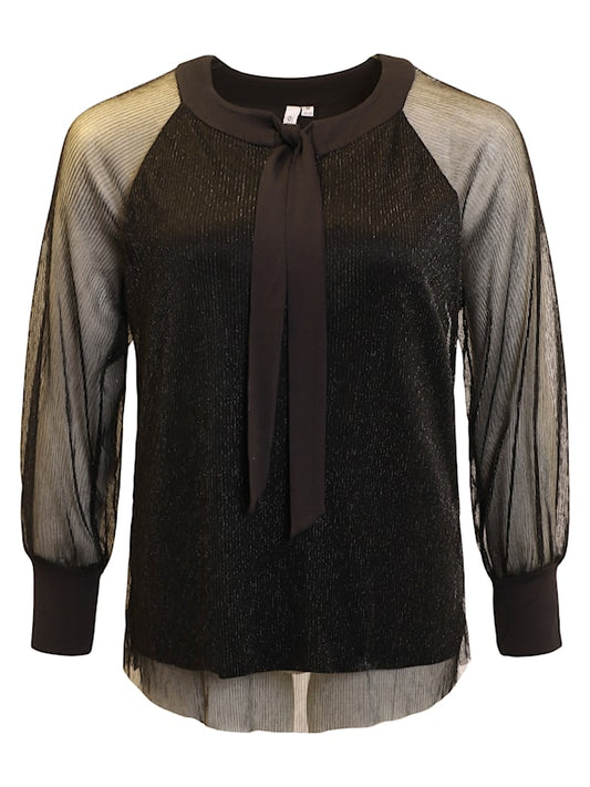 330-40064 SHIMMER TOP SHEER SLEEVE PUSSY BOW Black