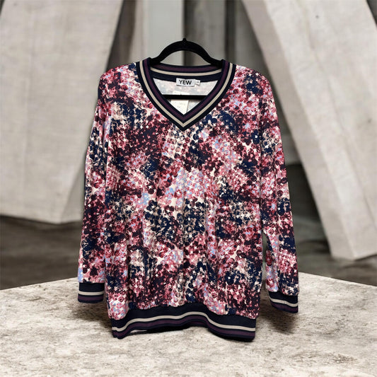 3825 Sport Lux Bands Printed V-Neck Top Wine/Blue