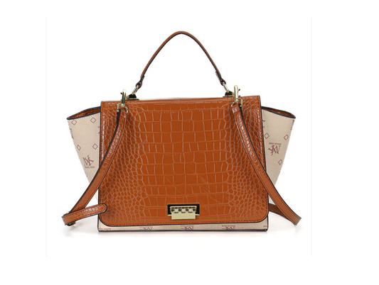 410 Large Flap Croc Effect Logo Bag Tan