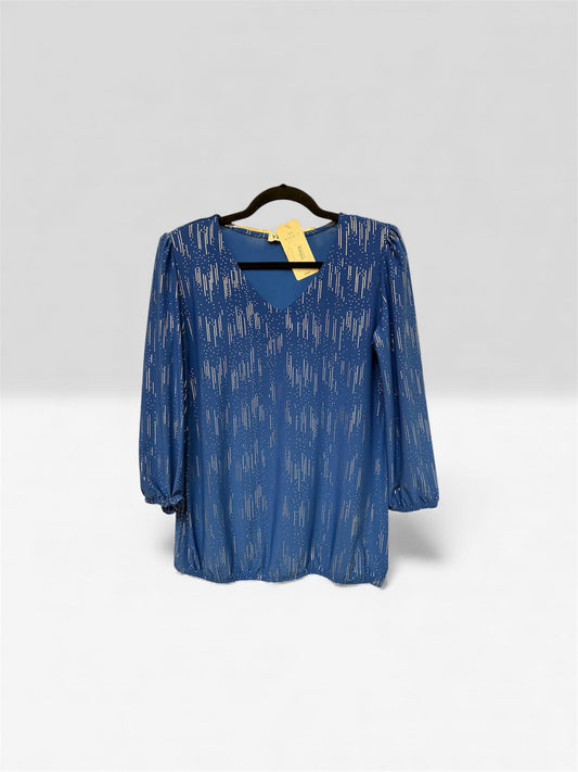 4153-1 V-Neck Foil Lines Print Chiffon S Royal Blue