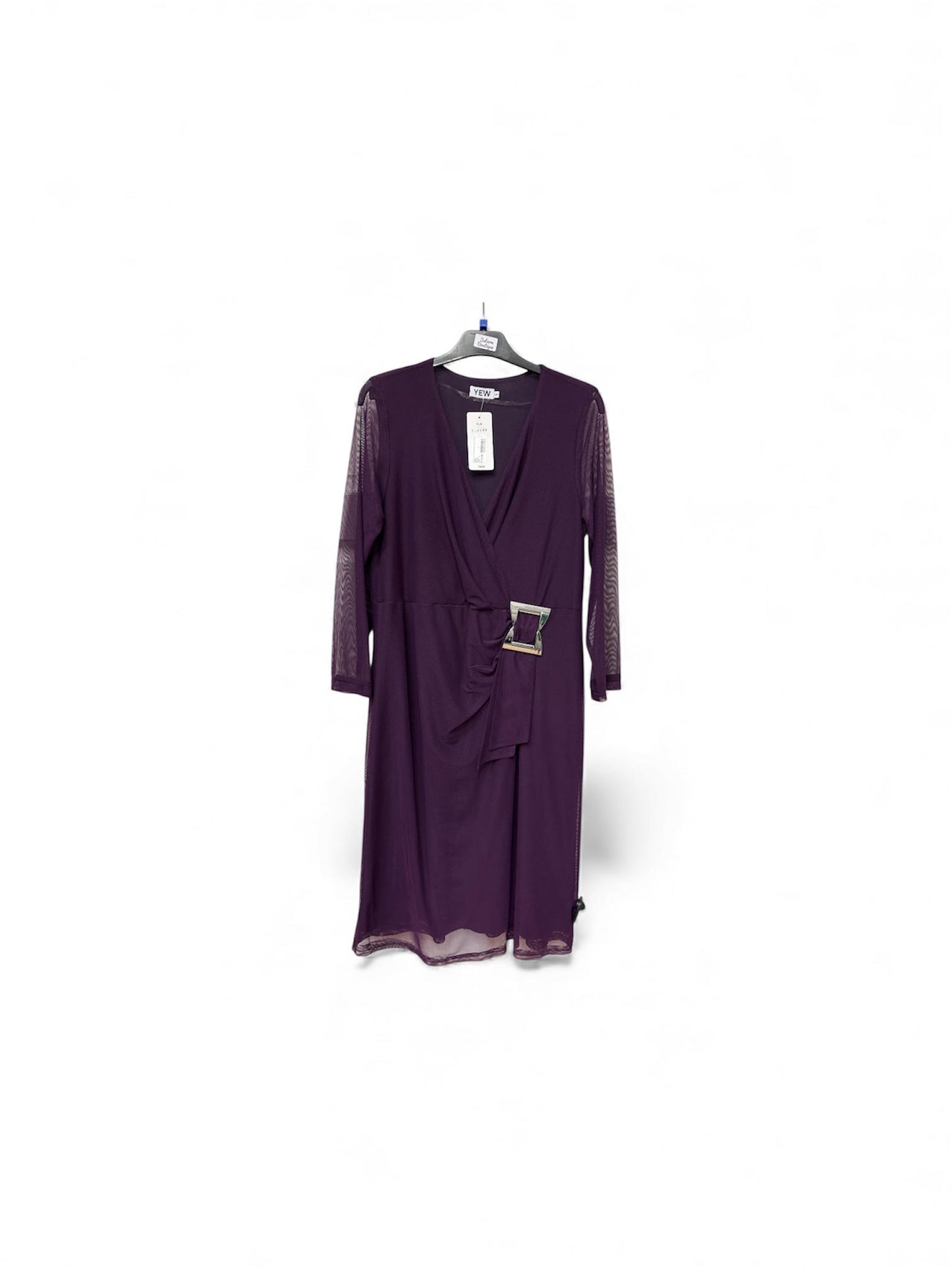 4299 Mesh Printed Buckle 3/4 Slve Dress Plum
