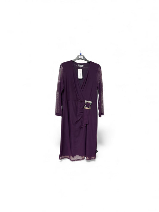 4299 Mesh Printed Buckle 3/4 Slve Dress Plum
