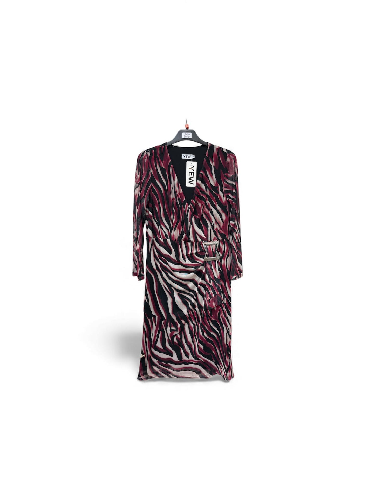 4299 Mesh Printed Buckle 3/4 Slve Dress Black/Wine