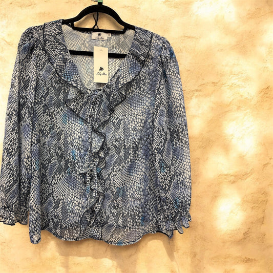 4380 Chiffon Ruffle Neck Animal Print To Blue