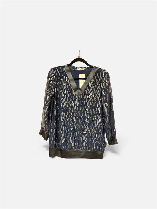 4278-2 Vneck Leather Look Top Navy/Silver