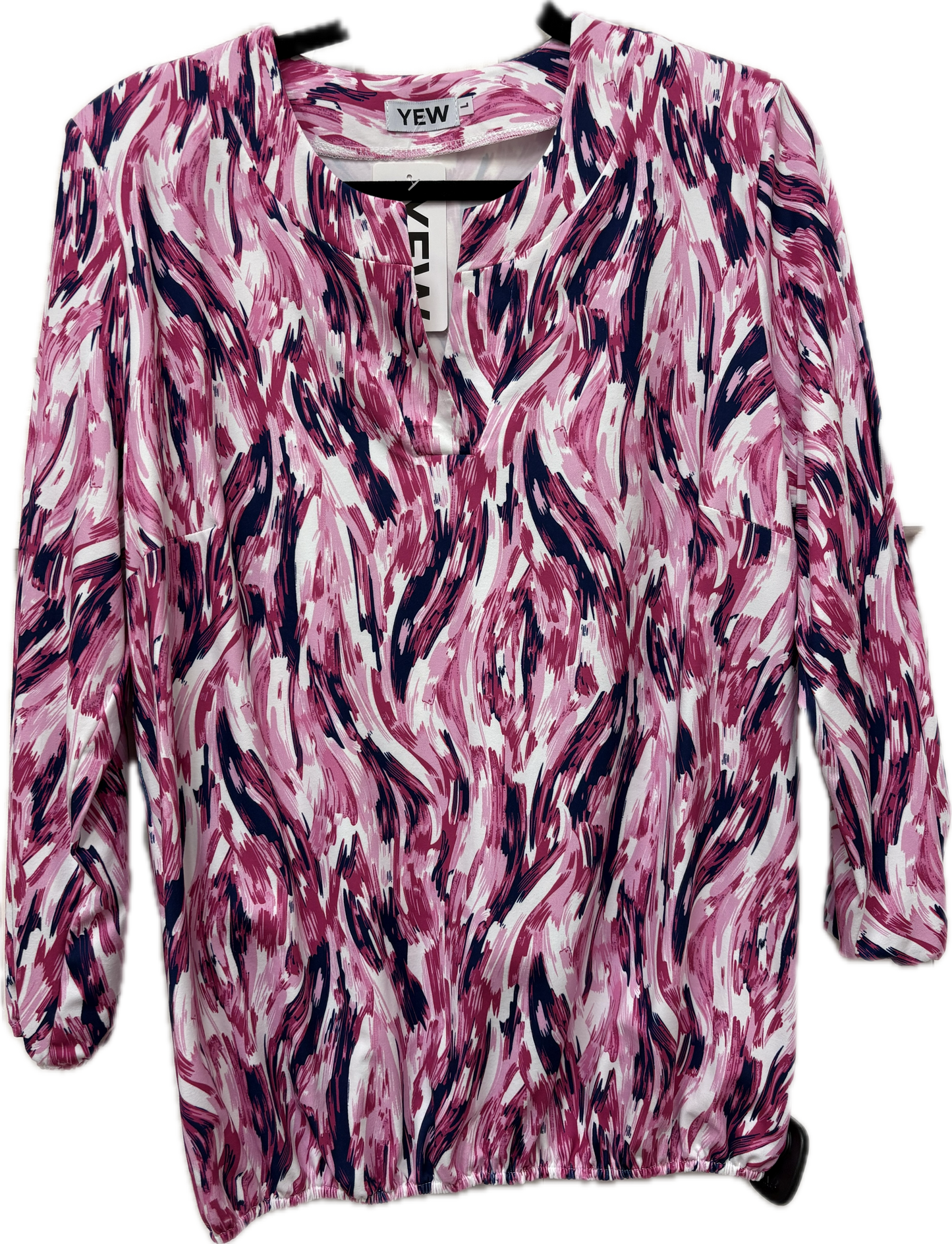 5001B V Slit Neck Top Elastic Hem Pink/Navy