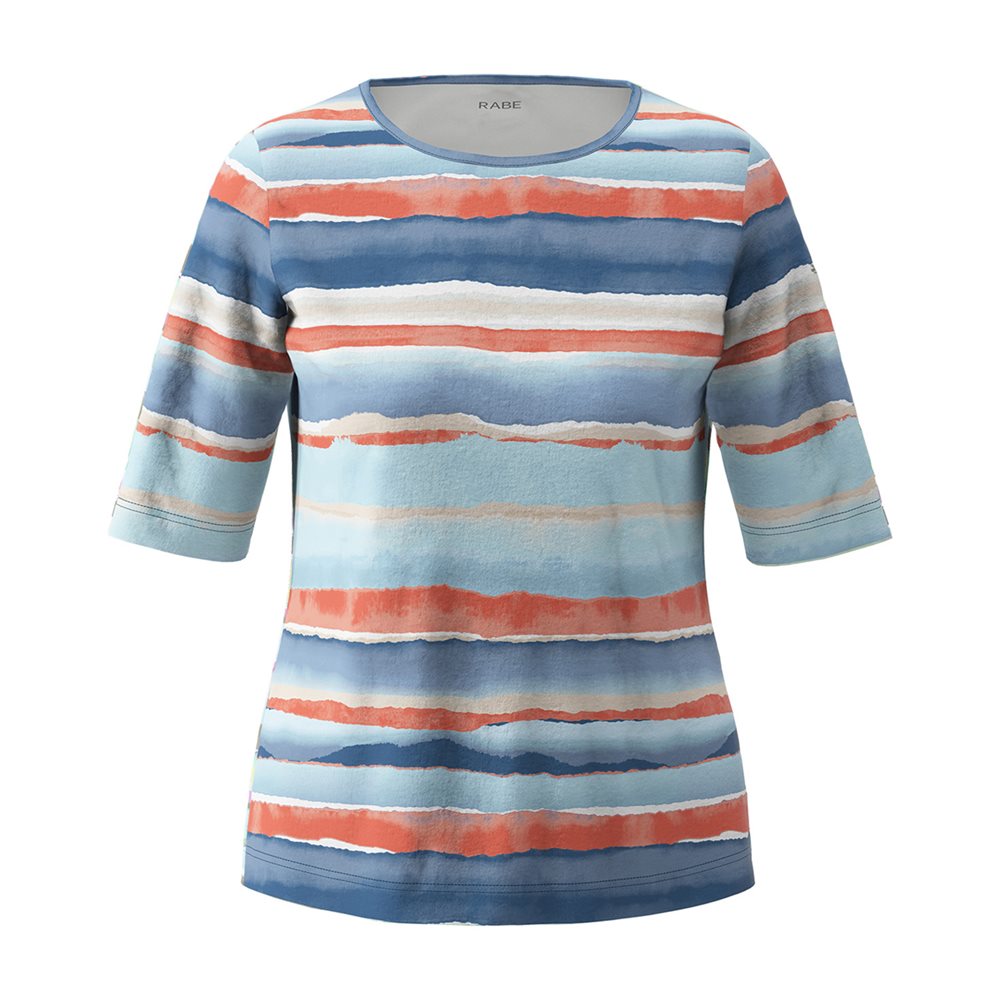 54-124371 S/S O-Neck Print Stripe Top Coral