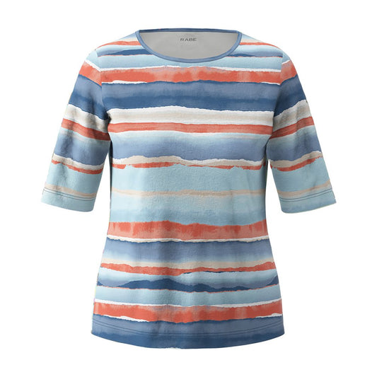 54-124371 S/S O-Neck Print Stripe Top Coral