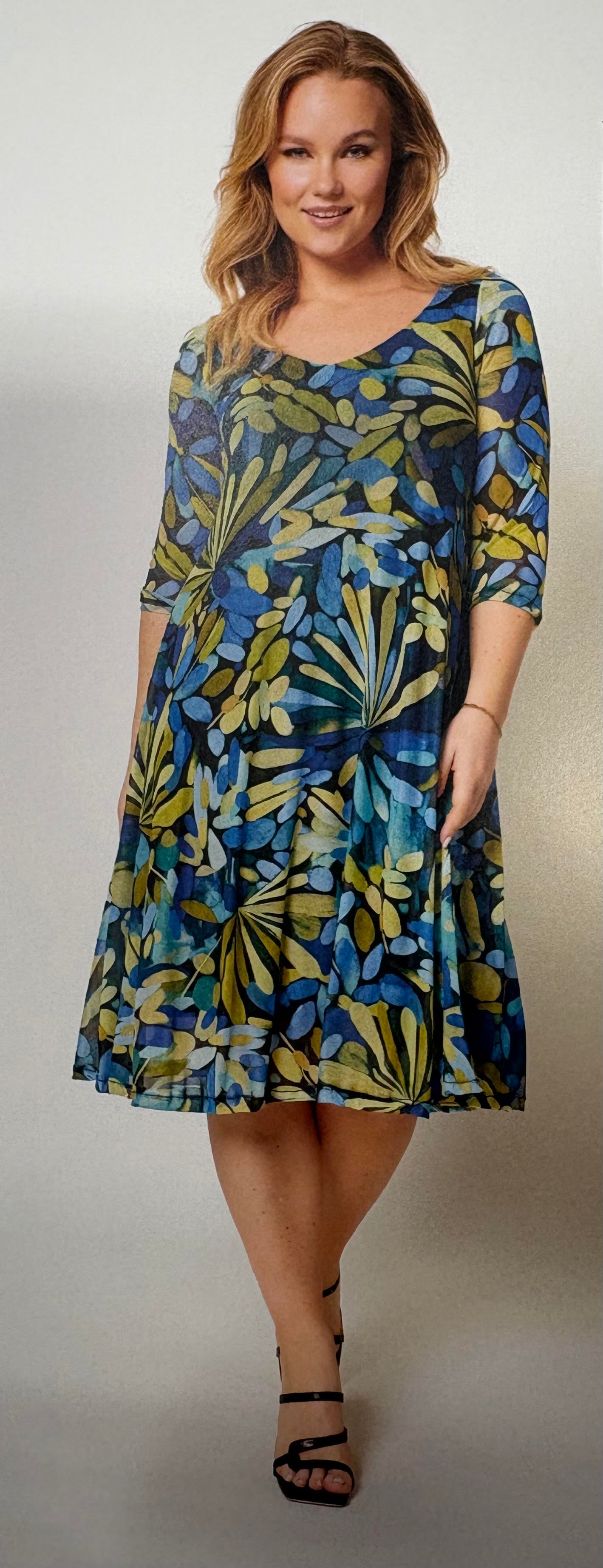 5481 Mesh Leaf Printed 3/4 Slve O-Neck D Blue/Yellow