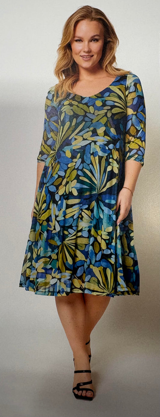 5481 Mesh Leaf Printed 3/4 Slve O-Neck D Blue/Yellow