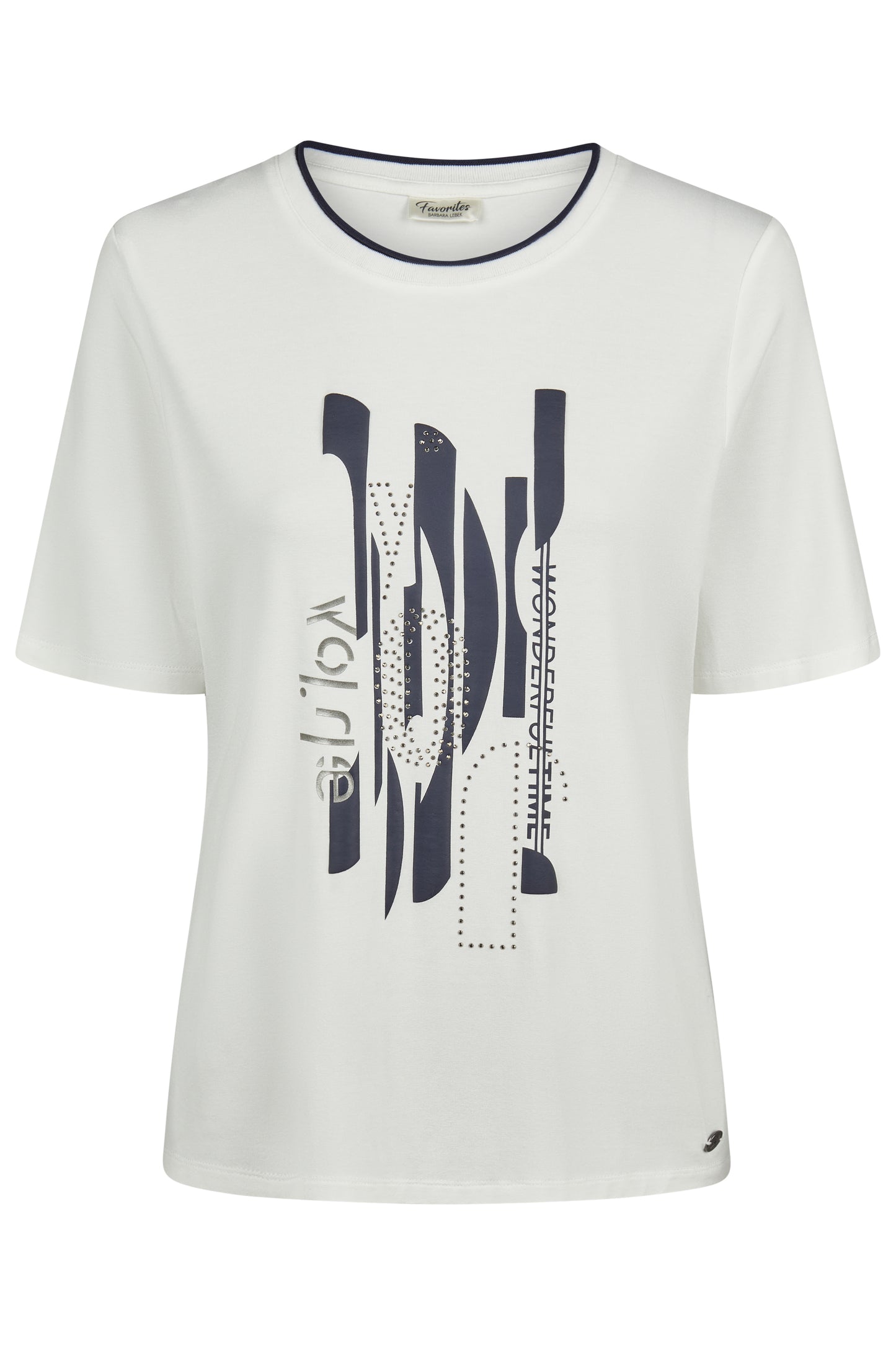 55640062 S/S O=Neck Top Cont Trim Motif White/Navy