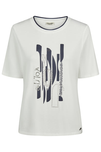 55640062 S/S O=Neck Top Cont Trim Motif White/Navy