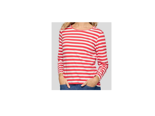 56-111350 Stripe L/S O-Neck Top White/Coral