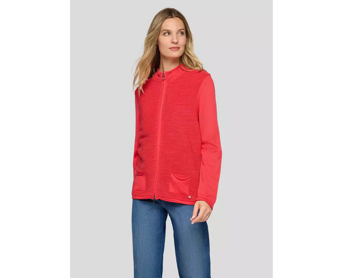 56-111564 Zip Up Ribbed Pocket Cardigan Coral