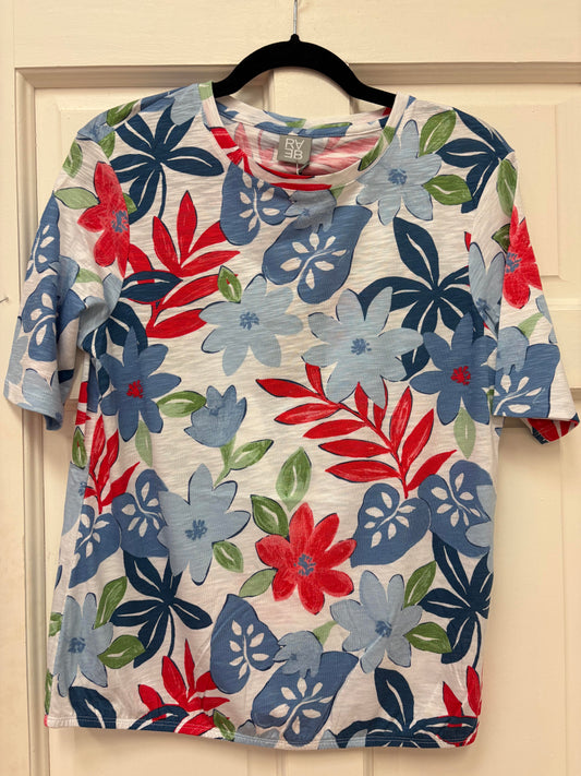 56-124382 S/S O-NECK LARGE FLOWER PRINTED TOP Blue/Red
