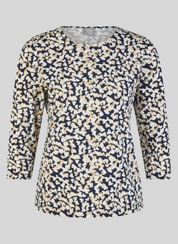 57-113358 HEART PRINT 3/4 SLVE O-NECK BASIC TOP Navy/Beige