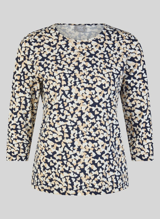 57-113358 HEART PRINT 3/4 SLVE O-NECK BASIC TOP Navy/Beige