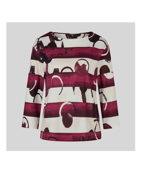 57-114355 STRIPE/SPOT 3/4 SLVE HEAVY FEEL BOAT NECK TOP Wine/Cream