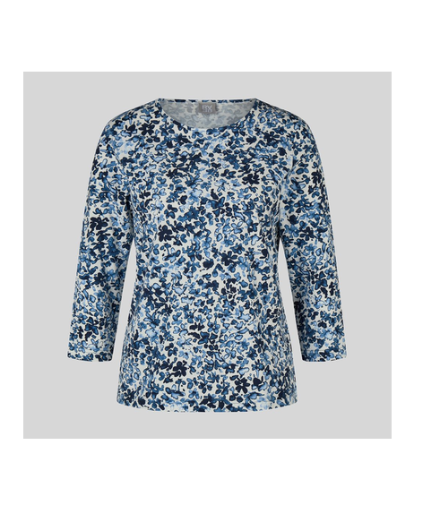 57-114358 SPLOCH FLOWER PRINT O-NECK 3/4 SLVE TOP Blue