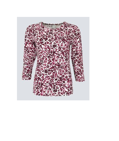 57-114358 SPLOCH FLOWER PRINT O-NECK 3/4 SLVE TOP Wine-Red