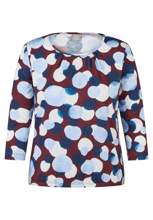 57-114362 LARGE SPOT PRINT GATHERED O-NECK 3/4 SLVE TOP Wine/Blue